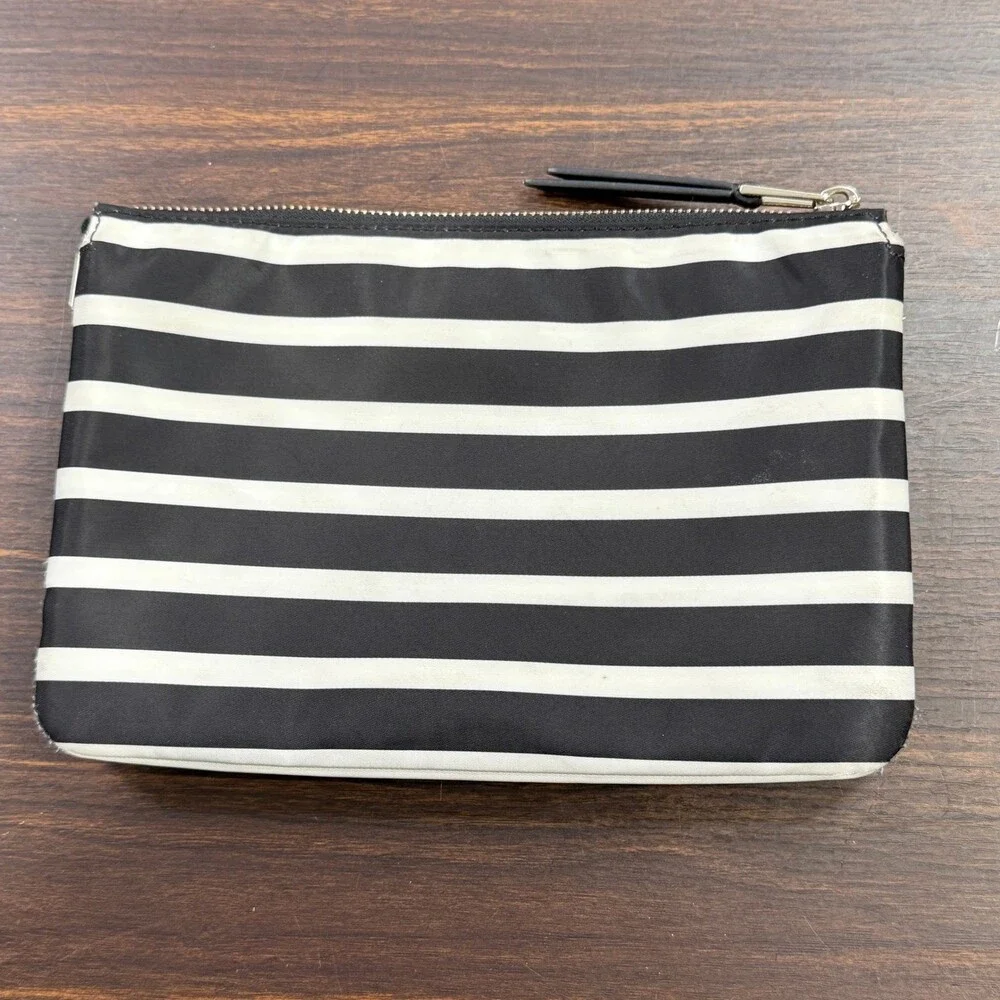 Kate Spade New York Striped Nylon Cosmetic Pouch Clutch Bag Black White Zip